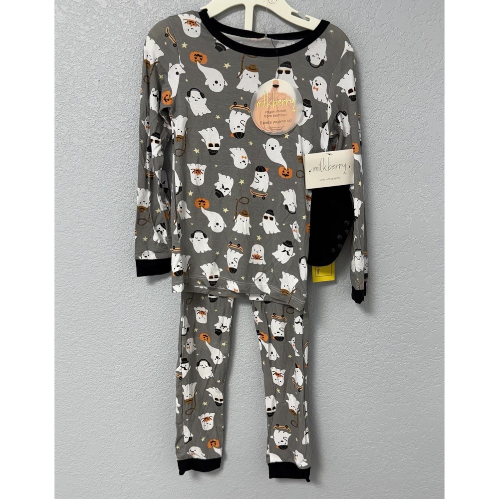 NWT Milkberry Halloween Ghosts Bamboo Pajama Set Boys 4T Gray 3pc Set Pajamas